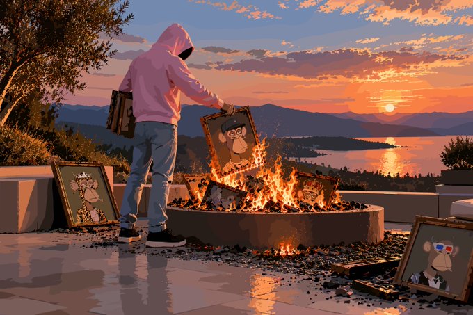 A digital illustration shows a hooded figure burning framed pictures of Bored Ape NFTs in a fire pit against a sunset landscape.