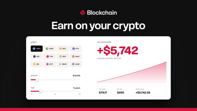 A Blockchain.com "Earn on your crypto" calculator shows that $10,000 of USDC held for 5 years at 4.5% APY could grow to $5,742 in earnings, illustrating the potential returns highlighted in the post about the new no-wait Passive Rewards feature.