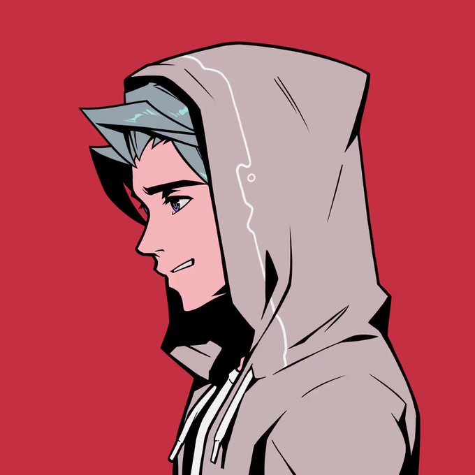 An anime-style illustration showing a side profile of a young man with blue-tinged hair wearing a gray hooded sweatshirt against a solid red background.