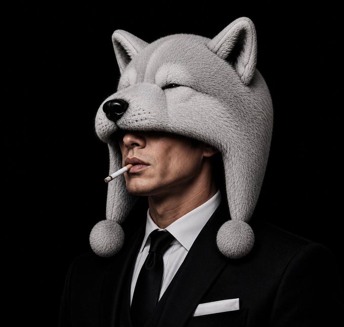 A man in a black suit and tie smokes a cigarette while wearing a plush gray wolf trapper hat with dangling pom-poms against a black background.