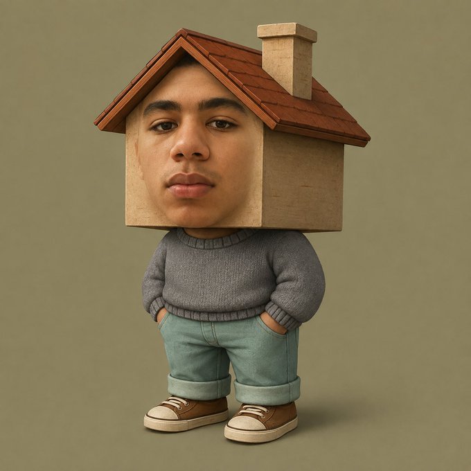 A digital caricature shows a figure with a house (complete with a tiled roof and chimney) for a head, dressed in a gray sweater and cuffed jeans with brown sneakers. The image relates to the post "i'm just chilling in my @ChillHouseSOL" by visually representing the "Chill House" as both a literal home and the person's head, blending the meme culture of the Chillhouse community with the surreal "house-head" art style.