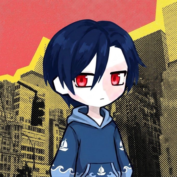 A chibi-style anime character with dark blue hair and red eyes wearing a blue hoodie, set against a red, yellow, and black halftone background with city silhouette.