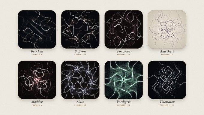 A product showcase displaying eight NFT or collectible pieces with abstract squiggly line designs labeled Bracken, Saffron, Foxglove, Amethyst, Madder, Slate, Verdigris, and Tidewater.