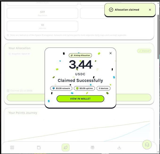 A screenshot shows a successful airdrop claim pop-up displaying "3.44 USDC Claimed Successfully" with breakdown tags of $3.39 network, $0.09 uptime, and 11 devices, under an "Airdrop Allocation" banner. The image visually confirms the poster's sarcasm—after extensive farming effort, the reward amounts to just 3.44 USDC, which barely covers electricity costs, reinforcing their frustration about late-stage projects being not worth pursuing.