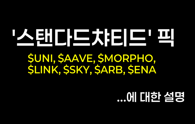 A black graphic with bold white and yellow text reads "'스탠다드차터드' 픽" (Standard Chartered's Picks) followed by "$UNI, $AAVE, $MORPHO, $LINK, $SKY, $ARB, $ENA" and "...에 대한 설명" (...explanation about) at the bottom. The image introduces Standard Chartered Bank's cryptocurrency picks, including UNI, AAVE, MORPHO, LINK, SKY, ARB, and ENA, as discussed in the accompanying post.