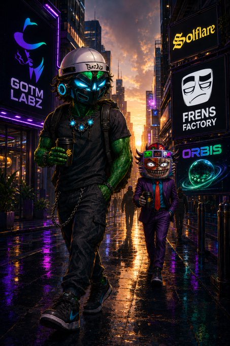 A cyberpunk-style digital artwork showing a green-skinned humanoid with a glowing blue helmet and chains walking alongside a figure in a purple suit wearing a colorful clown mask, set on a rainy neon-lit city street with signs for 'Gotm Labz', 'Solflare', 'Frens Factory', and 'Orbis'.