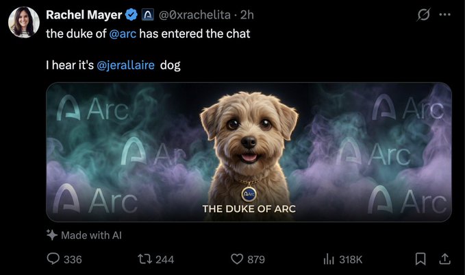 A screenshot of a tweet from Rachel Mayer (@0xrachelita) features an AI-generated image of a small dog wearing an 'Arc' tag, captioned 'THE DUKE OF ARC'.