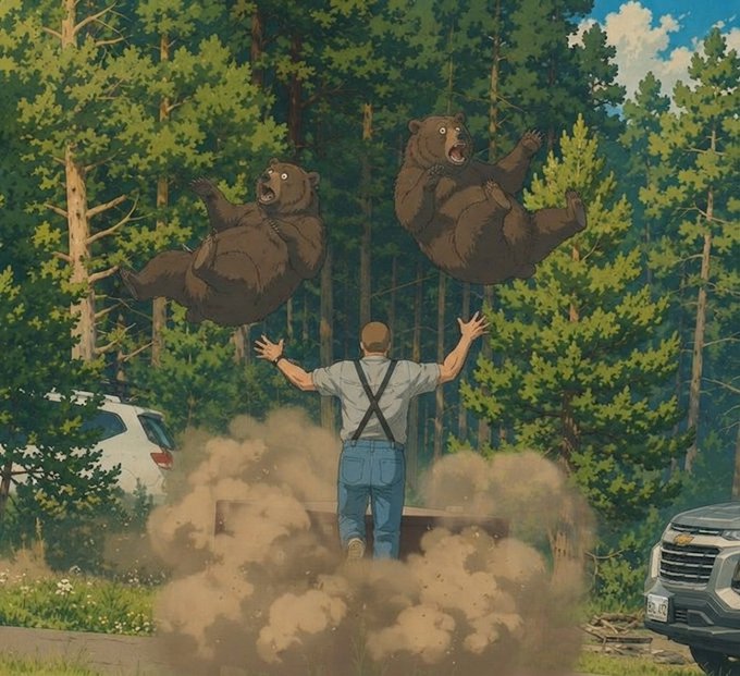 An anime-style illustration shows a man in overalls standing with arms raised as two large brown bears fall through the air above him, kicking up dust near a parked car in a forest setting.