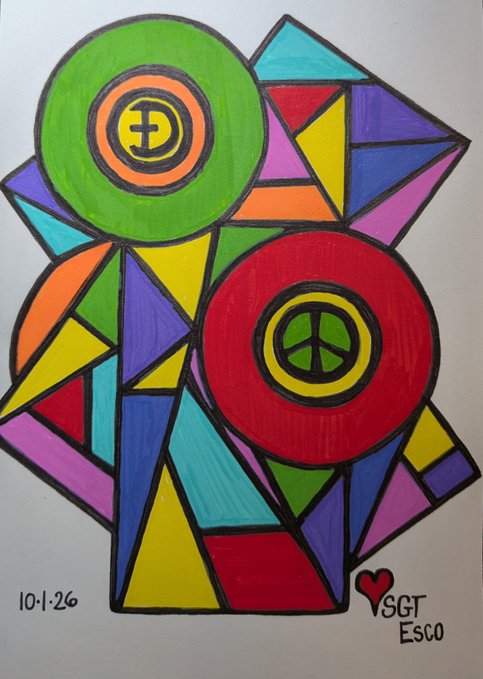 A vibrant, geometric-style marker drawing featuring colorful angular shapes in red, green, blue, yellow, and purple, with two circular symbols resembling a dollar sign and a peace sign, dated '10-1-26' and signed '♥ SGT Esca'.