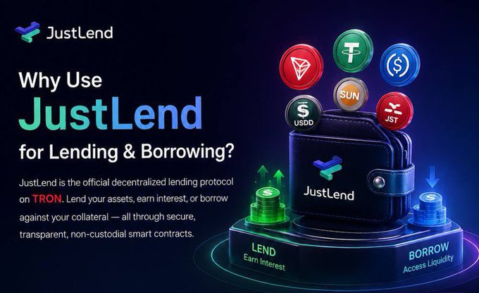A promotional graphic for 'JustLend' describing it as a decentralized lending protocol on TRON, featuring icons for various cryptocurrencies.