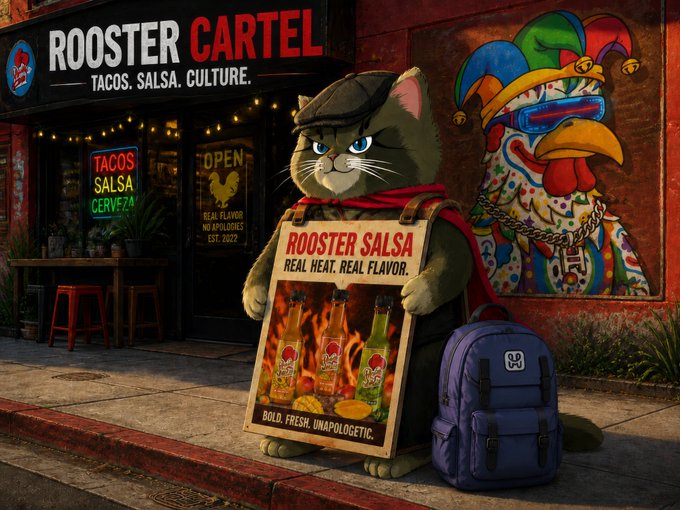 An illustrated scene of a cat in a beret holding a 'ROOSTER SALSA' sign outside a shop labeled 'ROOSTER CARTEL - TACOS. SALSA. CULTURE.'