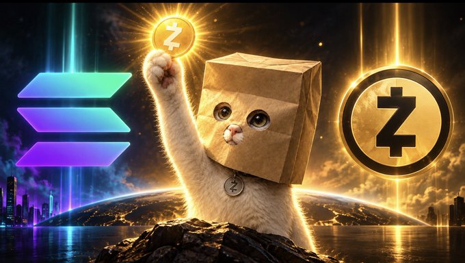 A white cat wearing a brown paper bag over its head holds up a glowing gold coin with a "Z" symbol, standing triumphantly on a rocky outcrop against a cosmic backdrop, with a large "Z" coin and the Solana logo (three colored stacked bars) flanking the scene in relation to the post about Zolana.