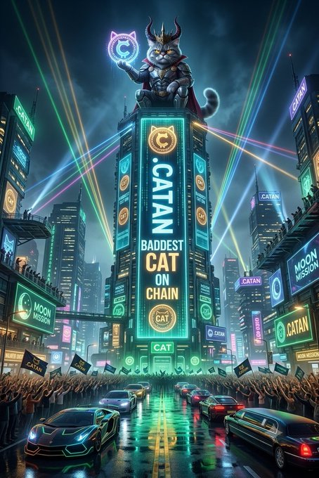 A futuristic neon-lit cityscape featuring a large armored cat figure holding a glowing emblem atop a skyscraper, with billboards reading "CATAN - BADDEST CAT ON CHAIN" and "MOON MISSION" as crowds wave CATAN flags below.