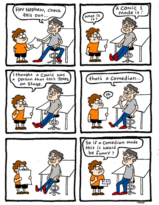 A six-panel cartoon shows an uncle telling his nephew about a comic he made, and explaining that someone who tells jokes is called a comedian. In the final panel, the nephew asks, "So if a comedian made this it would be funny?" while the uncle holds a $1 bill, humorously tied to the caption's $500 SOL giveaway by contrasting small comedy with big crypto generosity.