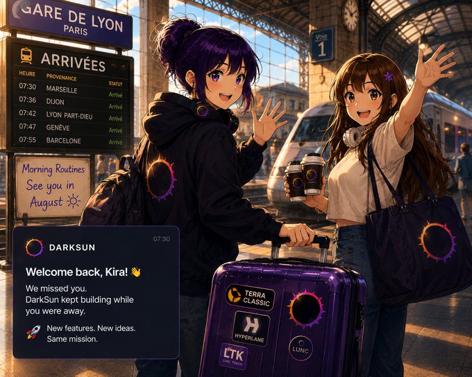 An anime-style illustration shows two girls at the Gare de Lyon in Paris, with an arrivals board and a message bubble reading 'DARKSUN: Welcome back, Kira! We missed you. DarkSun kept building while you were away.'