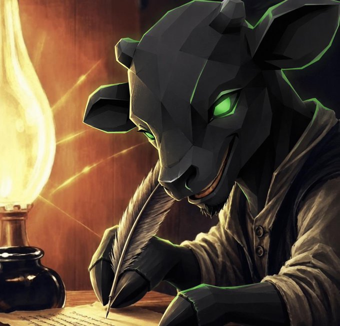 A dark, low-poly stylized anthropomorphic panther or feline figure with glowing green eyes and a smirk leans over parchment with a quill, illuminated by the warm glow of an oil lamp in a dimly lit wooden room.