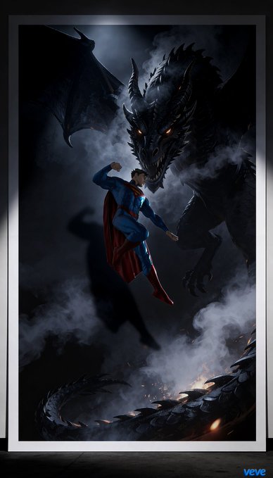 A digital artwork displayed as a framed poster showing Superman flying through dark smoke toward a menacing black dragon, with a 'veve' logo in the corner.