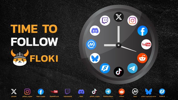 The image is a promotional graphic featuring a clock face adorned with various social media icons (X, Instagram, Facebook, YouTube, Reddit, Telegram, TikTok, etc.) surrounding its perimeter, alongside the text "TIME TO FOLLOW FLOKI" and the Floki Viking dog logo. It visually reinforces the post's message by illustrating Floki's presence across all major social media platforms, encouraging users to connect with the project on each one.