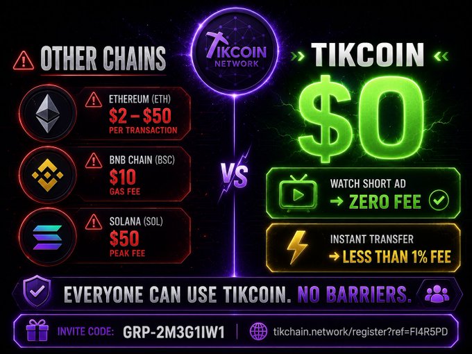 The image is a comparison infographic contrasting high transaction fees on "OTHER CHAINS" — Ethereum (ETH) at $2–$50 per transaction, BNB Chain (BSC) at $10 gas fee, and Solana (SOL) at $50 peak fee — with TikCoin Network's "$0" zero-fee alternatives, offering either watching a short ad for completely free transfers or instant transfers for less than 1% in fees, complete with an invite code (GRP-2M3G1IW1) and registration link.