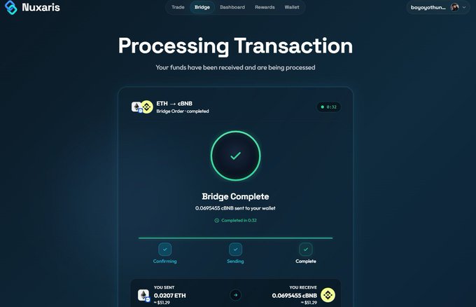 A screenshot of the 'Nuxaris' cryptocurrency platform showing a 'Processing Transaction' page with 'Bridge Complete' status for converting ETH to cBNB.
