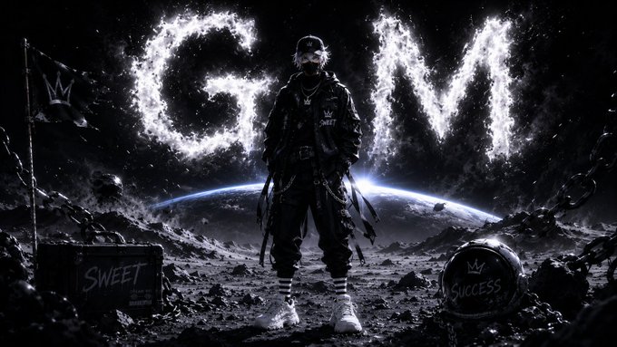 A dark, dramatic poster shows a figure standing on a lunar-like surface with 'G.W' made of sparkling particles, flanked by cases labeled 'SWEET' and 'SUCCESS' and a crown flag.
