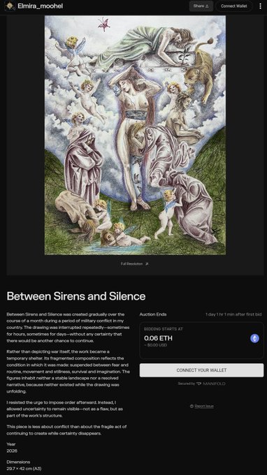 The featured artwork is available on the social media platform known as Manifoldzz. Meta details of this artwork include its title, Between Sirens and Silence, the date on which the work was created, and its dimensions.
