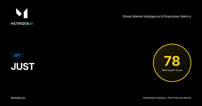 A dark-themed MetriqueAI analysis card for 'JUST' (ticker JST), displaying a yellow circle with a 'MetriqueAI Score' of 78 and the tagline 'Global Market Intelligence & Proprietary Metrics'.