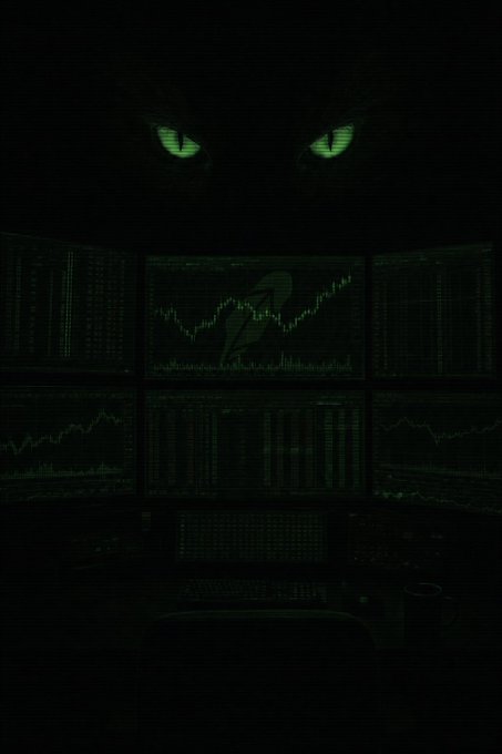 A dark, stylized image of glowing green cat-like eyes peering over multiple cryptocurrency trading charts displayed on monitors in a dimly lit room.