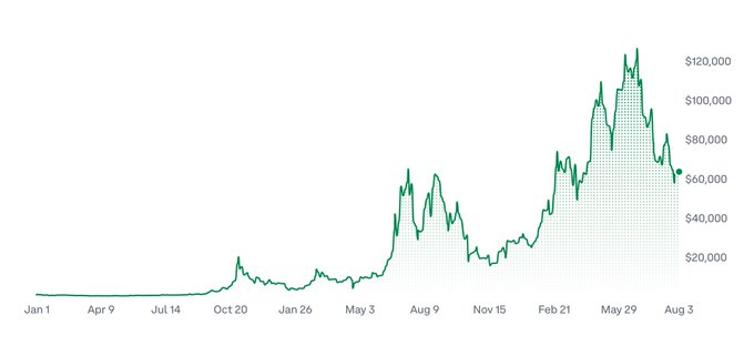 A green line chart showing a steep upward trend in value from near $0 to over $120,000 between January and August, likely depicting Bitcoin's price history.