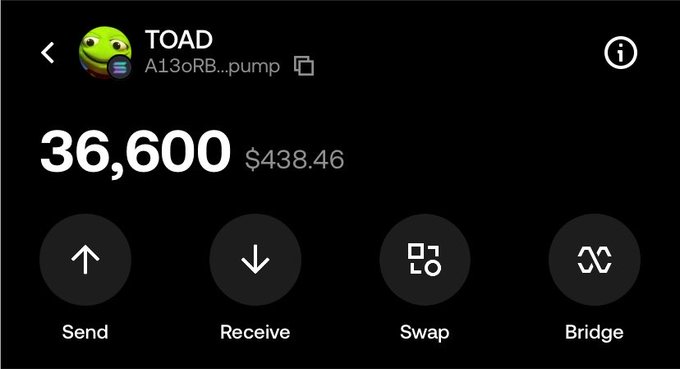 A cryptocurrency wallet interface displays a token named "TOAD" (A13oRB...pump) on the Solana network with a balance of 36,600 tokens valued at $438.46, featuring Send, Receive, Swap, and Bridge buttons.