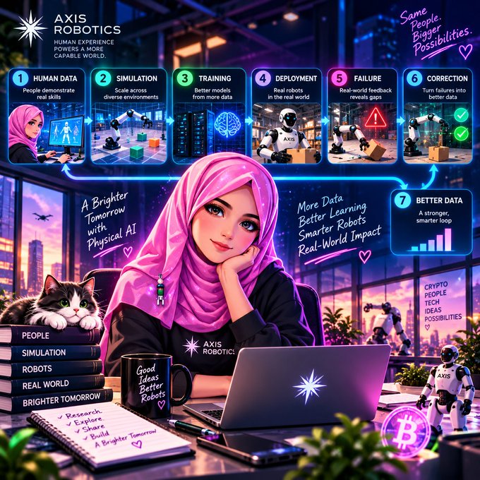 A vibrant promotional graphic for 'AXIS ROBOTICS' featuring a woman in a pink hijab at a laptop, with a 7-step process diagram (Human Data, Simulation, Training, Deployment, Failure, Correction, Better Data) and text reading 'A Brighter Tomorrow with Physical AI' and 'More Data Better Learning Smarter Robots.'