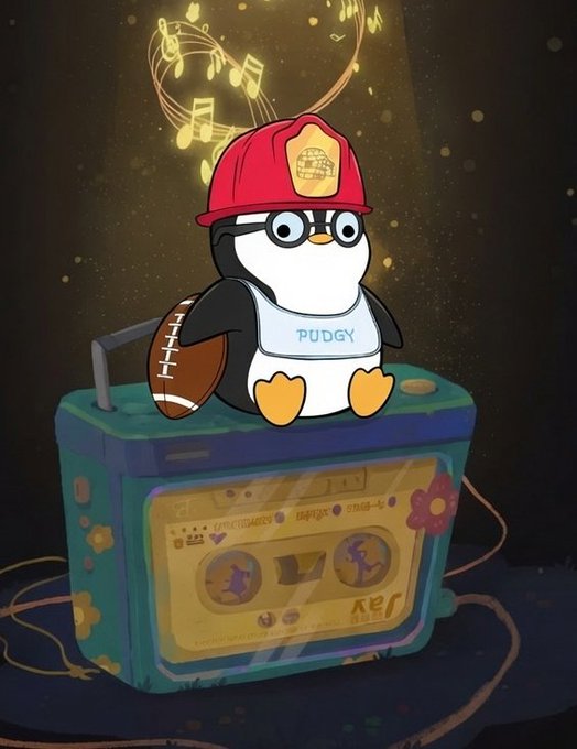The image features a cartoon penguin wearing a red hard hat, sitting atop an old-fashioned radio with a football attached to its back. The penguin appears to be holding a mixtape or album cover featuring the word "Pudgy". The background of the image is dark and filled with musical notes floating in the air, creating a whimsical atmosphere. The post includes text that references the Penguin PUDGY project, which has generated significant interest among fans due to its unique concept and high-quality merchandise offerings.

The penguin's position on top of the radio suggests it might be an advertisement or promotional material for the project. The image also contains a reference to the "NFTs" trend in the comments section, indicating that this project has gained popularity among fans who appreciate its creative concept and merchandise offerings.
