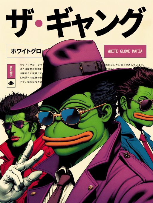 A Japanese-style illustration titled "ホワイト・グローブ・マフィア / WHITE GLOVE MAFIA" featuring green Pepe characters dressed in purple trench coats, fedora hats, and sunglasses in a noir comic style.