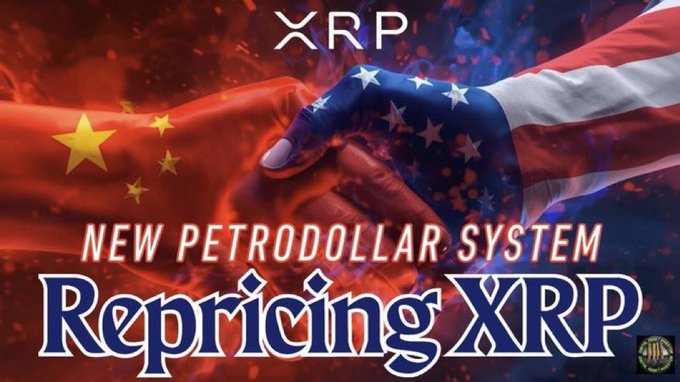 The image features a handshake between hands painted with the Chinese and American flags, overlaid with text reading "XRP," "NEW PETRODOLLAR SYSTEM," and "Repricing XRP." The dramatic geopolitical imagery and bold financial claims visually amplify the post's excitement about cryptocurrency adoption, though the two don't directly reference Japan's legislative news.