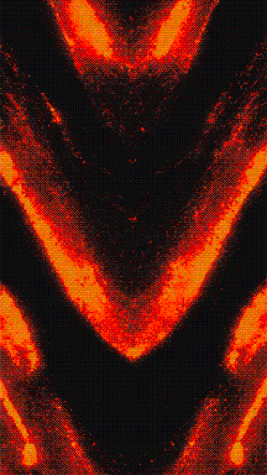 A symmetrical abstract digital artwork features glowing orange and red chevron-like patterns radiating against a dark, textured black background.