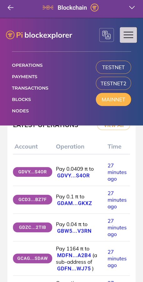 The image shows the Pi Blockexplorer app displaying the "LATEST OPERATIONS" feed, with the bottom transaction listed as occurring "27 minutes ago" — a Pay operation of 1164 π from address GCAG...SDAW to a sub-address of GDFN...WJ75. This visually supports the claim that the blockchain log has stopped updating for 27 minutes, since all four visible transactions show the same timestamp of "27 minutes ago."
