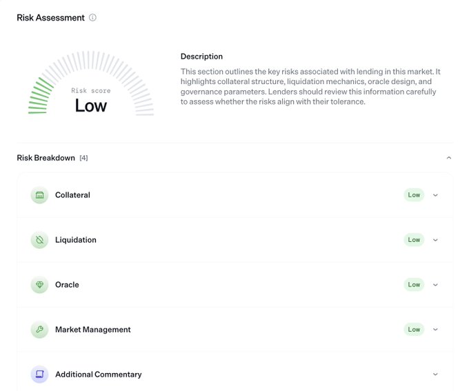 A Risk Assessment dashboard showing a 'Low' risk score with a green gauge, listing four risk breakdown categories—Collateral, Liquidation, Oracle, and Market Management—all rated 'Low', with a description explaining the assessment of lending market risks.