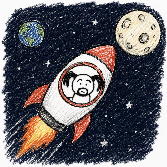 A hand-drawn colored pencil illustration of a happy dog flying a red and white rocket through a starry space scene with Earth and the moon in the background.