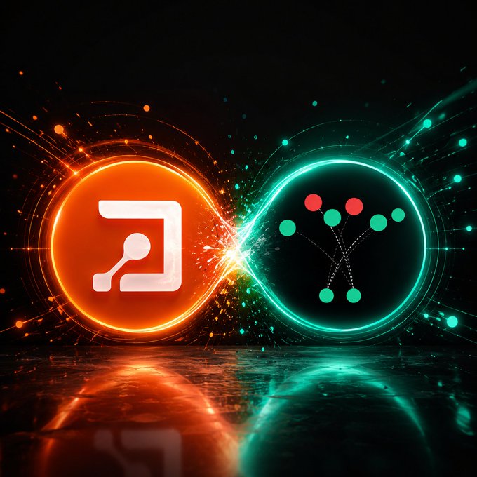A digital illustration showing an infinity symbol formed by two glowing circles—an orange one containing a musical note-like icon and a teal one with a molecular/network graph—colliding with sparks on a reflective surface.