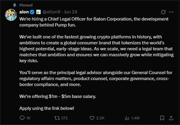 A tweet from Alon (@a1on9) dated June 24 announces the hiring of a Chief Legal Officer for Pump.fun ($PUMP) to oversee regulatory compliance, with a salary of $1M-$5M, connecting to speculation of an upcoming airdrop.