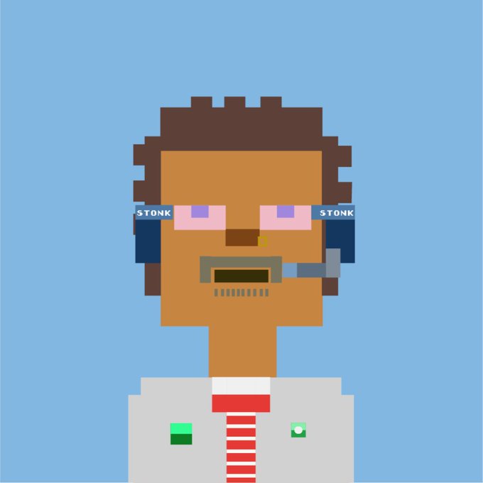 A pixel-art portrait of a man wearing a headset labeled "STONK" on both sides, dressed in a white suit with a red and white striped tie, set against a blue background. The image humorously embodies the post's theme of crypto culture "stonks," symbolizing the passionate, meme-driven community pushing to bring the global economy onchain.