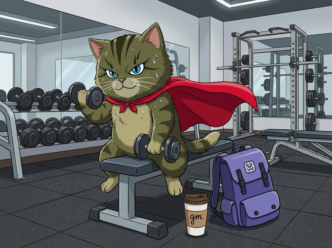An illustrated tabby cat wearing a red superhero cape lifting dumbbells on a bench in a gym, with a purple backpack and coffee cup nearby.