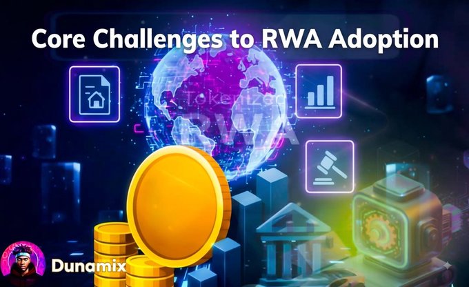 A graphic titled 'Core Challenges to RWA Adoption' featuring a globe, gold coins, and icons representing real estate, charts, and legal documents, with 'Dunamix' branding in the corner.