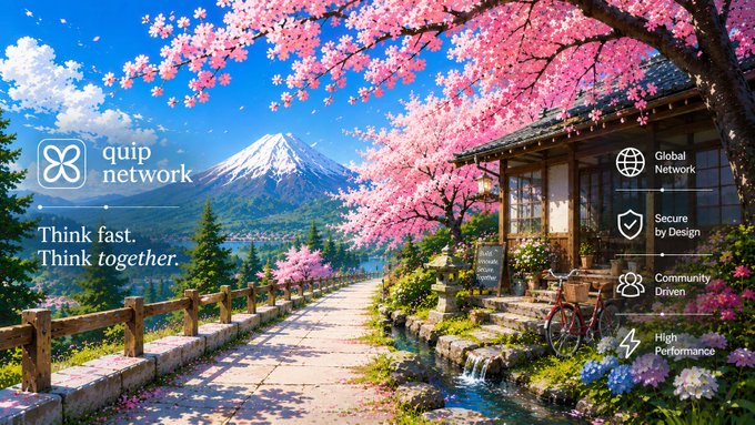 A scenic Japanese landscape featuring Mt. Fuji and cherry blossoms accompanies "quip network" branding with the tagline "Think fast. Think together." and features highlighting Global Network, Secure by Design, Community Driven, and High Performance—visually reinforcing the post's message about quipnetwork's versatile multi-hardware compute approach to quantum-ready workloads.