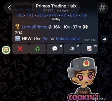 A Telegram-style screenshot of the 'Primos Trading Hub' showing 20,237 messages, with a message from 'LordioPrimos' about a 16K gain.