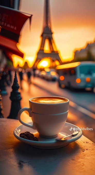 A cappuccino on a café table with the Eiffel Tower glowing in the background, captioned with the watermark "TikTok @phildvibes." The Parisian morning scene evokes a relaxed, contemplative mood—a fitting backdrop for the post's message about cutting through infrastructure barriers so builders can focus on vision, much like enjoying a coffee without distraction.