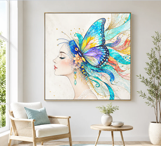 A modern living room interior featuring a colorful framed artwork of a woman with butterfly wings, a white armchair, and a small wooden table with plants.