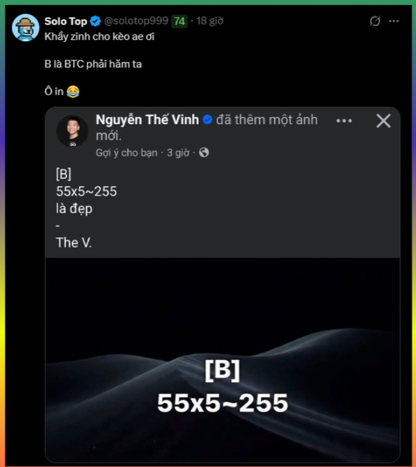 A Vietnamese social media post by 'Solo Top' (@solotop999) showing a tweet from Nguyễn Thế Vinh with the text '[B] 55x5~255 là đẹp - The V.' overlaid on a dark wave background.