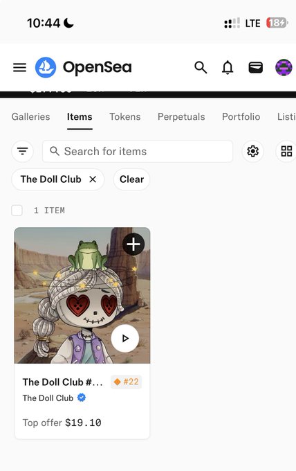 A mobile screenshot of OpenSea showing "The Doll Club #22" NFT listed under "The Doll Club" filter, with a top offer of $19.10. The post reflects the creator's excitement about minting their first 1/1 (one-of-one) NFT piece.