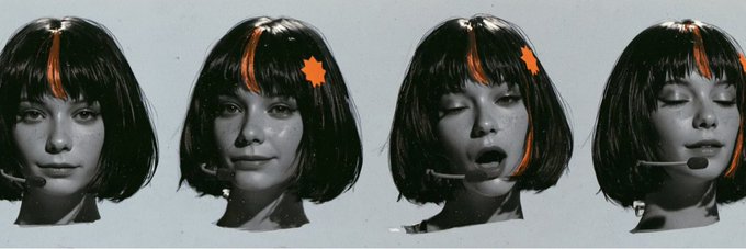 Four sequential frames show a black-haired woman with a red streak in her bangs and an orange star hair clip, transitioning from a neutral expression to mid-yawn with closed eyes, wearing a headset microphone. The image serves as the banner for the Solana token $CLAUDIA on Moby, reflecting a digital portrait styled to represent the token's identity.